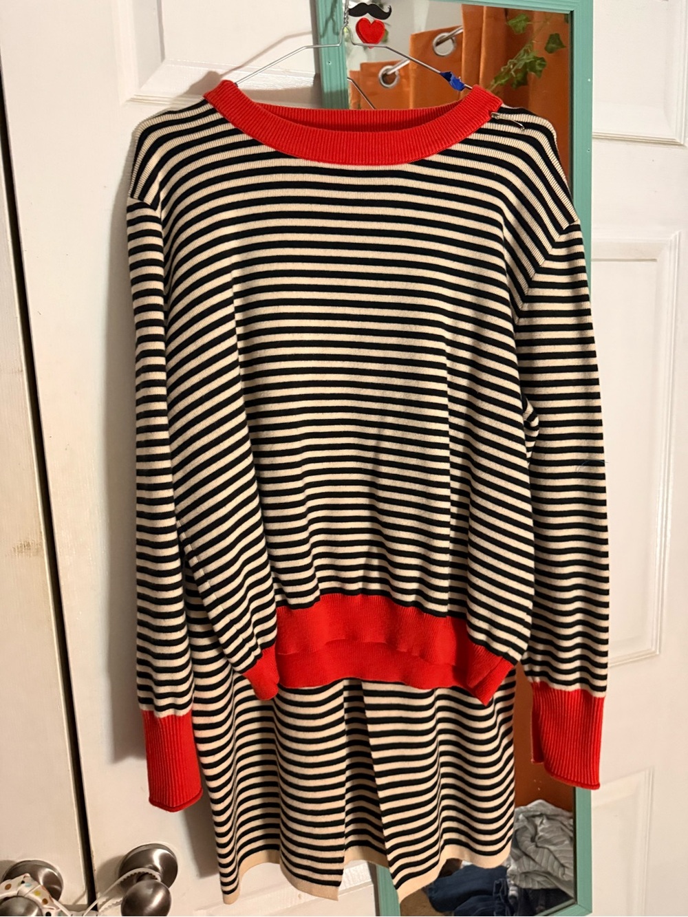 Striped Black and Cream Sweater and Skirt with Red Trim - Women